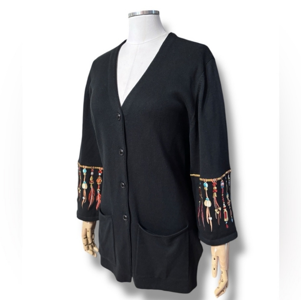 BOB MACKIE Black Longline Cardigan Embroidered Dreamcatcher Design VINTAGE